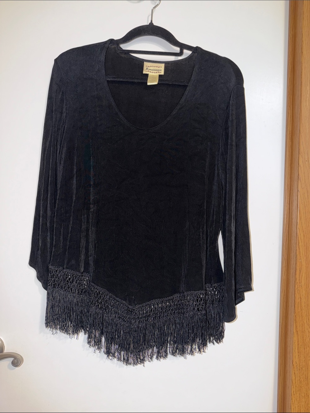 Black Velvet Fringe V-Neck Blouse